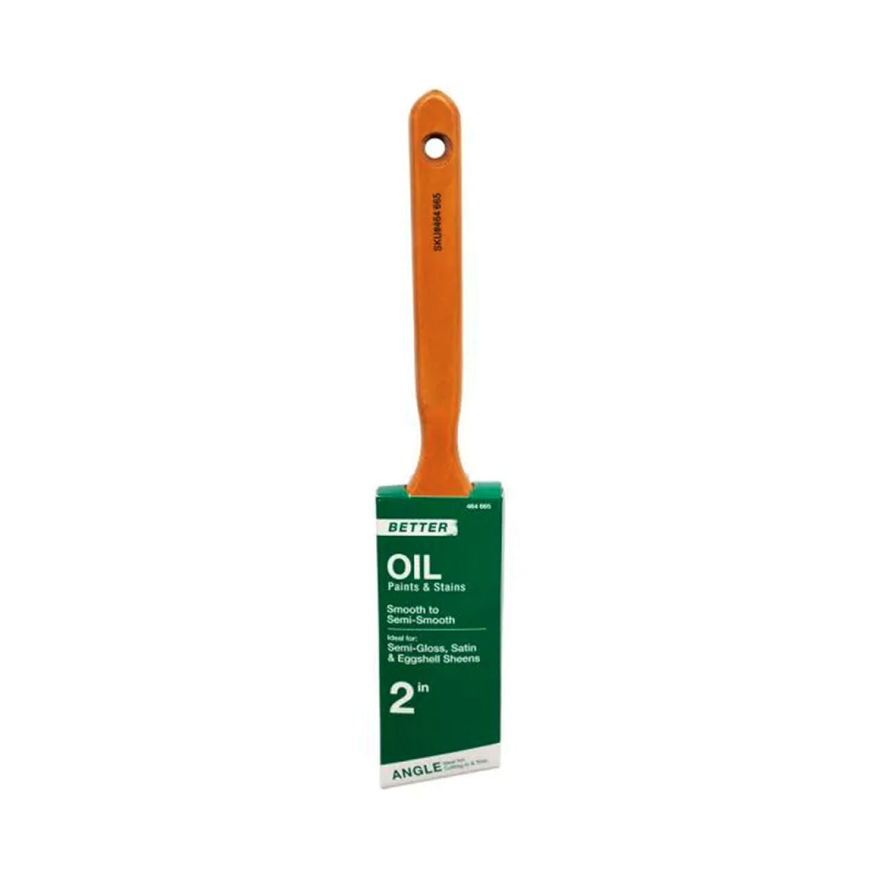 The Go Build 2 in. Angled Oil Polyester/Natural Bristle Blend Paint Brush has an orange handle, green packaging, and is ideal for oil paints and stains on smooth to semi-smooth surfaces with semi-gloss, satin, or eggshell sheens.